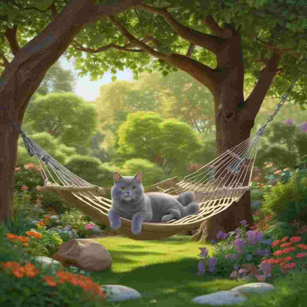 Realistic Cute, Depict a tranquil backyard garden meticulously maintained. The garden hosts a lounging British shorthair cat shading beneath the trees, with its plush coat blending seamlessly with the natural hues around it. In the vicinity, a welcoming hammock is strung between two sturdy trees. A book titled 'World's Best Cat Dad' is casually resting on it. Indications of a Father's Day celebration can be noticed, with a couple of vibrant balloons tied to the hammock, and a beautifully wrapped gift box adorned with a cat-patterned ribbon positioned next to a leafy potted plant. Attached to the plant is a tag proclaiming 'Happy Father's Day!'
Generated with these themes: british shorthair cat.
Made with ❤️ by AI.