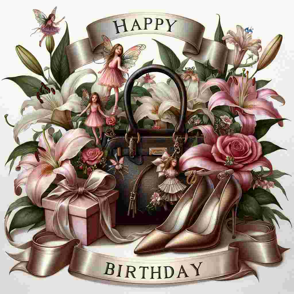 A luxurious birthday illustration for a daughter, displaying a designer purse and chic high heels amidst a floral arrangement of rare lilies and roses, with tiny fairies dancing around. 'Happy Birthday' is etched above in a graceful, modern font, draped with a satin ribbon.
Generated with these themes: luxury daughter  .
Made with ❤️ by AI.