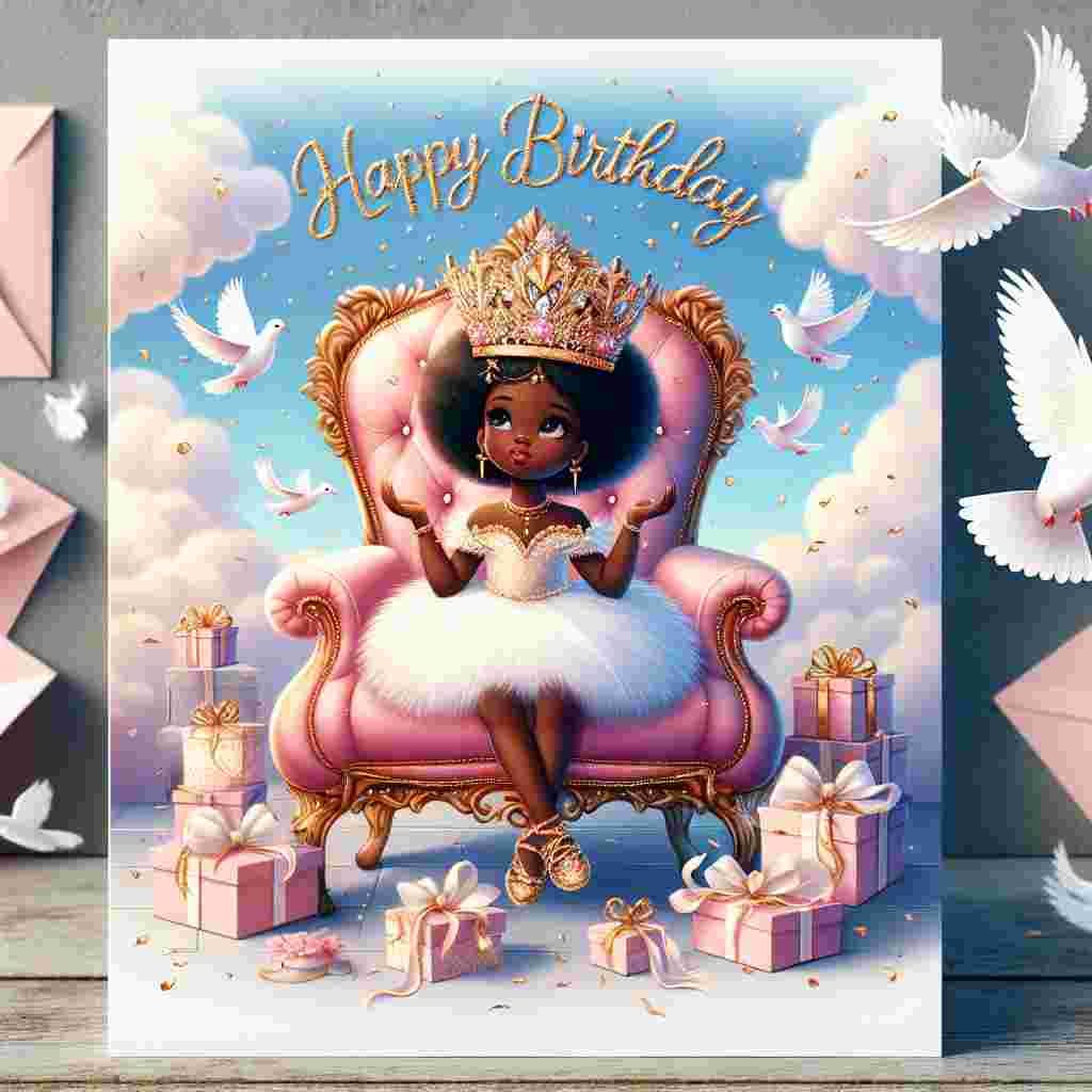 An elegant birthday card design showcasing a princess-themed setting for a daughter with a golden crown and a pink, plush throne surrounded by opulent gifts and white doves. In the sky, delicate clouds form the greeting 'Happy Birthday' with a regal font.
Generated with these themes: luxury daughter  .
Made with ❤️ by AI.