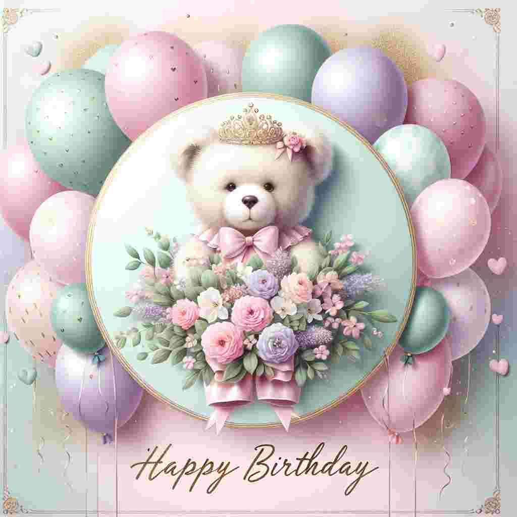 A charming birthday illustration featuring a luxury scene for a daughter with soft pastel balloons and a tiara-clad teddy bear holding a bouquet. A sprinkle of gold glitter adds a touch of elegance. The words 'Happy Birthday' are elegantly scripted in the center.
Generated with these themes: luxury daughter  .
Made with ❤️ by AI.