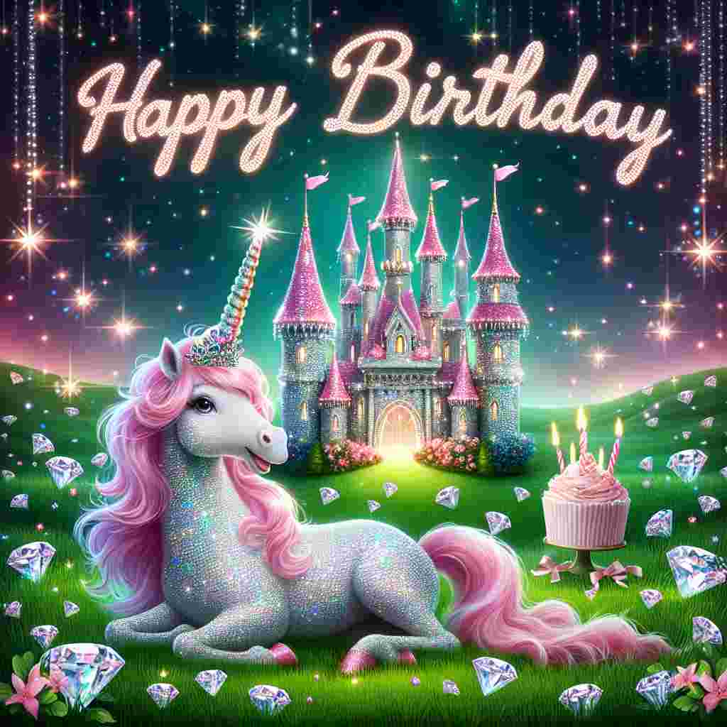 A whimsical birthday scene illustration, containing a magical unicorn with a shimmering mane beside a sparkling pink castle, alluding to a daughter's luxurious fantasy. Emerald grass dotted with diamonds, and 'Happy Birthday' written in the stars above the scene.
Generated with these themes: luxury daughter  .
Made with ❤️ by AI.