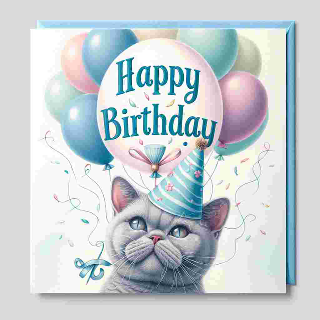 A playful Chartreux cat wearing a pastel blue party hat is centered on the front of a birthday card. Above the cat, delicate balloons float skyward with the words 'Happy Birthday' written across them in a cheerful cursive font, creating a heartwarming birthday scene.
Generated with these themes: Chartreux Birthday Cards.
Made with ❤️ by AI.