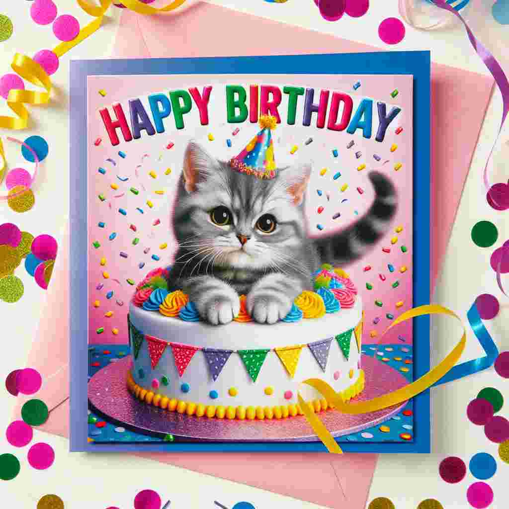 An adorable Chartreux kitten pops out of a festively decorated birthday cake on the cover of the card. Confetti and streamers surround the scene, while 'Happy Birthday' is inscribed in bold, playful lettering atop the cake, inviting a smile from the recipient.
Generated with these themes: Chartreux Birthday Cards.
Made with ❤️ by AI.