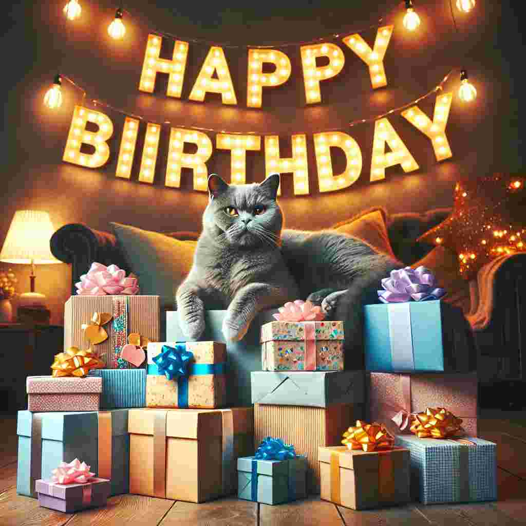 The front of the card features a warm, cozy room where a Chartreux cat lounges atop a pile of brightly wrapped birthday presents. A banner above the scene spells out 'Happy Birthday' with each letter charmingly hanging from a string of fairy lights.
Generated with these themes: Chartreux Birthday Cards.
Made with ❤️ by AI.