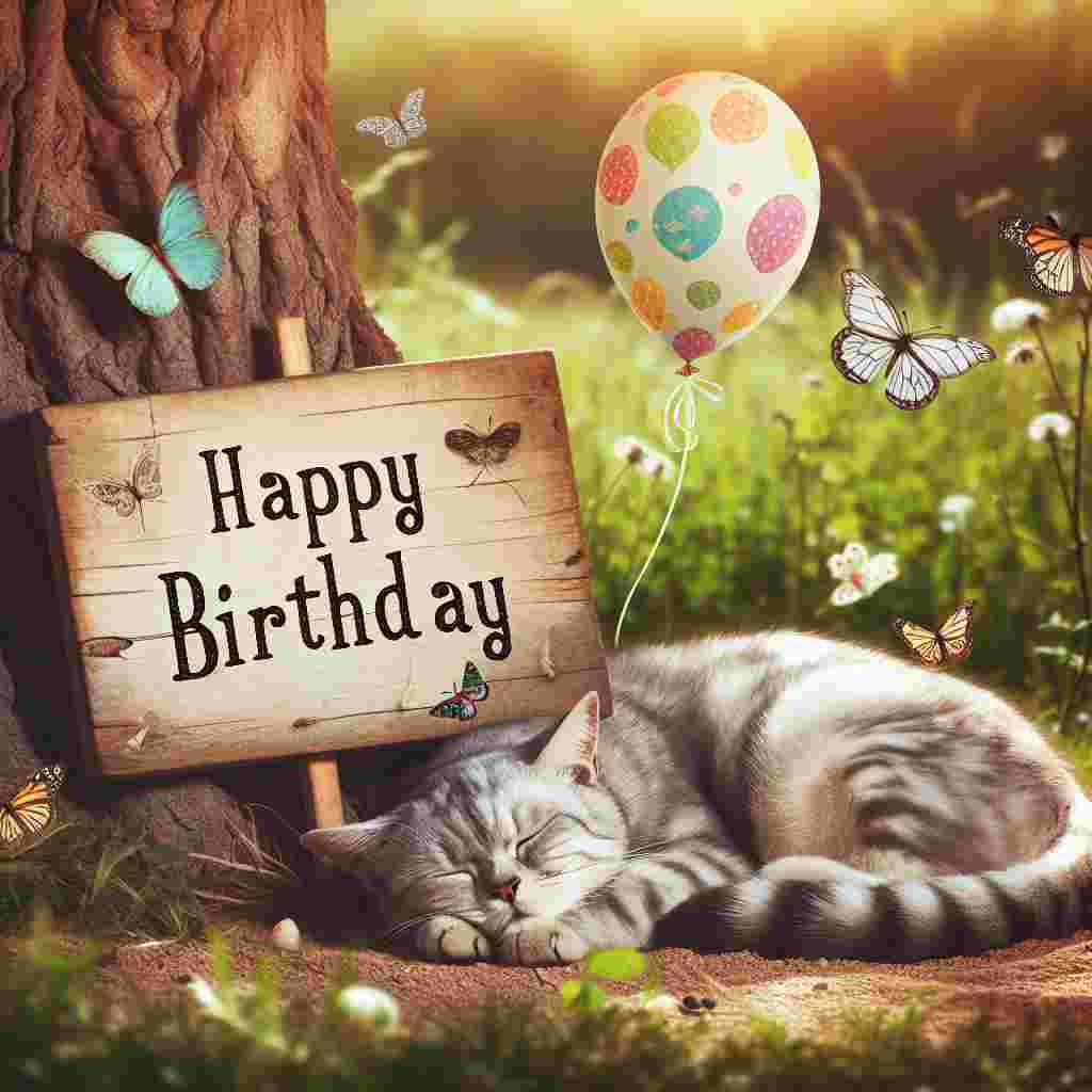 The card showcases a serene outdoor birthday picnic scene with a Chartreux cat dozing off under a tree, a balloon tied to its tail. Butterflies hover nearby, and the phrase 'Happy Birthday' is etched onto a wooden sign that leans against the tree.
Generated with these themes: Chartreux Birthday Cards.
Made with ❤️ by AI.