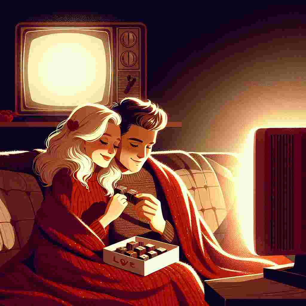 Create a heartwarming valentine's day illustration showcasing a romantic moment between a blonde Caucasian female and a brunette Caucasian male. They are sitting on a plush couch, wrapped in a soft, red blanket. The couple shares a cozy moment as they enjoy chocolate treats. In front of them, a vintage TV set radiates a soft glow, adding to the scene's ambiance by playing a classic black-and-white movie. The warm lighting reflects off their faces, encapsulating the intimate joys of shared moments on Valentine's day.
Generated with these themes: Caucasian, Chocolate, TV, Cuddles, Blonde female, and Brunette male.
Made with ❤️ by AI.