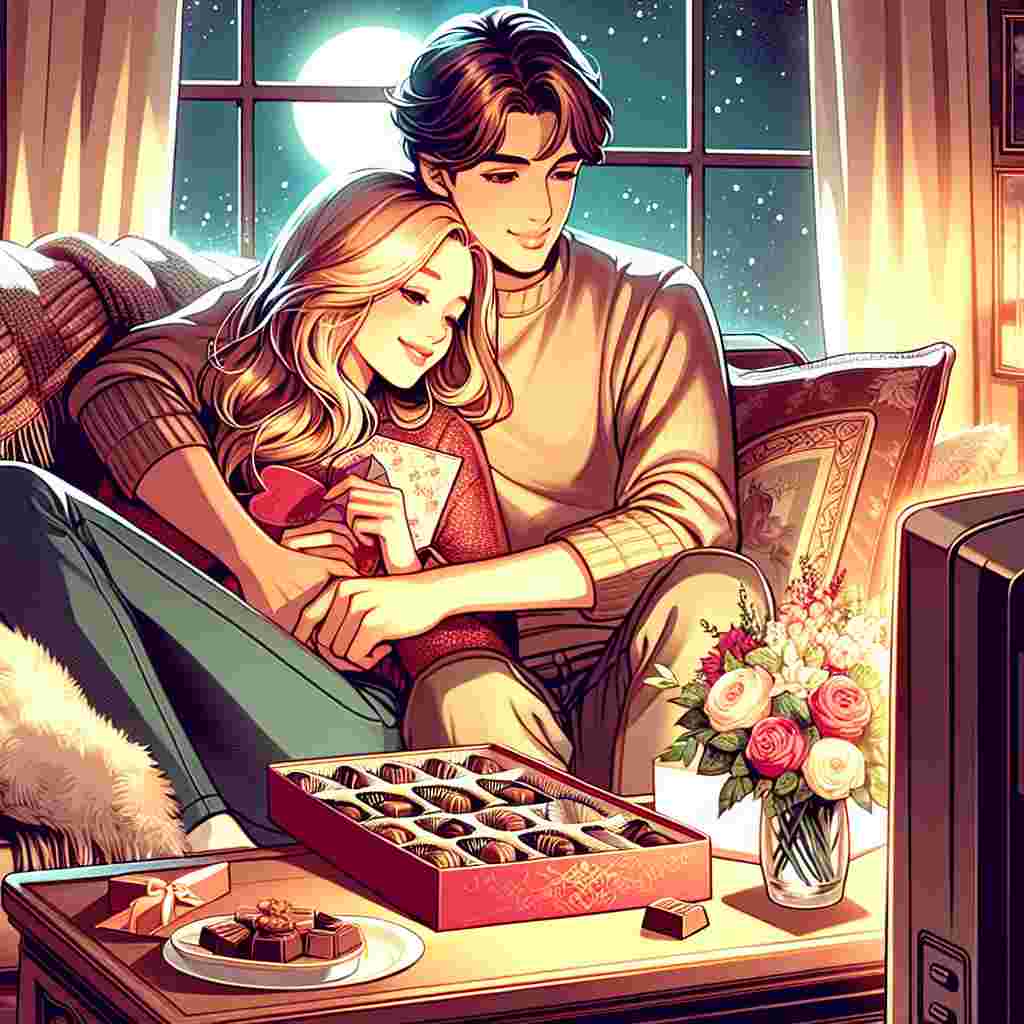 Create a charming illustration portraying the spirit of Valentine's Day. Depict a scene in a cozy, inviting living room where a Caucasian man with brunette hair is lovingly embracing a Caucasian woman with blonde hair. They are enjoying a box of exquisite chocolates while seated on a plush sofa. They are thoroughly absorbed in a romantic movie playing on a vintage television. The ambiance is radiating love and affection as they celebrate their relationship through peaceful snuggles, presenting an image of Valentine’s Day joy.
Generated with these themes: Caucasian, Chocolate, TV, Cuddles, Blonde female, and Brunette male.
Made with ❤️ by AI.