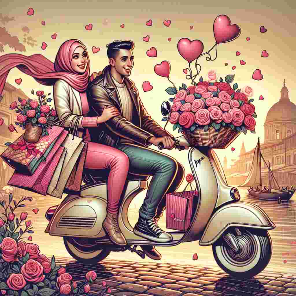 Picture a idyllic Valentine's Day setting where the centerpiece is a classic scooter decked with a basket filled to the brim with romantic pink roses, signifying an atmosphere of love-filled adventure. A content couple of mixed descents, a Middle-Eastern woman and a Hispanic man, are gleefully mounting the scooter, their shopping bags billowing in the effortless wind like emblems of affection. They navigate with a whimsically colored map, each of their visited destinations signified by a heart. The backdrop is drenched in mild tones, reflecting the glow of a sunset after a fulfilling day spent discovering stylish shops and enchanting local areas.
Generated with these themes: Pink roses, Travelling , and Shopping.
Made with ❤️ by AI.