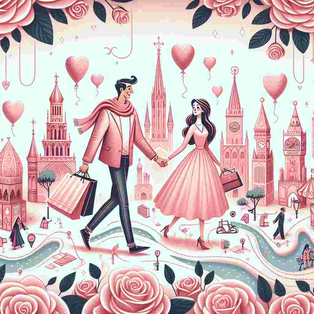 A charming illustration set in a soft pink backdrop, showcasing a Caucasian woman and a Middle-Eastern man holding hands while navigating through a whimsical map bustling with landmarks symbolizing love. Beautiful pink roses adorn the upper and lower edges of the illustration, representing romance and affection. The couple appears to be on an enchanting quest, their journey marked with tiny shopping bags and heart-shaped balloons, suggestive of a Valentine's Day shopping excursion across fantastical, unfamiliar locations.
Generated with these themes: Pink roses, Travelling , and Shopping.
Made with ❤️ by AI.