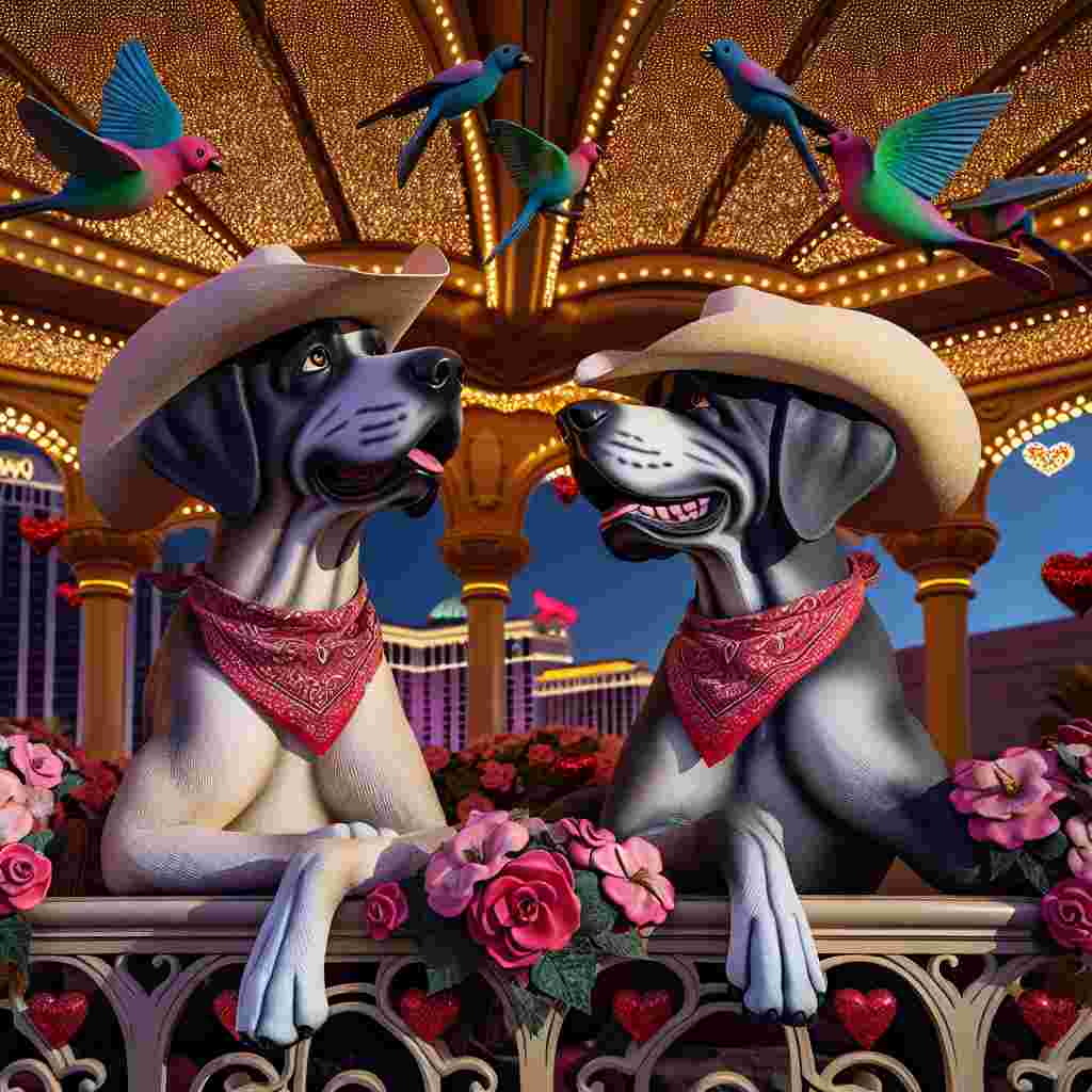 Bring to life a scene of whimsical romance on Valentine's Day, featuring a pair of lovestruck Great Danes in cowboy hats and bandanas, comfortably perched atop a glittering gazebo inspired by the vibrant city of Las Vegas. The dogs are shown engaging in subtle nods in sync with the soft melody of country music that can be sensed permeating the scene. They show a tender sense of affection not just towards each other but also towards teeming, brightly-colored birds passing overhead, hinting at their bird-watching interest. Their romantic tableau is further enhanced by an array of heart-shaped balloons that gently float around, injecting an additional dose of love into the scene.
Generated with these themes: Great Danes, Country Music, Las Vegas, Bird Watching .
Made with ❤️ by AI.
