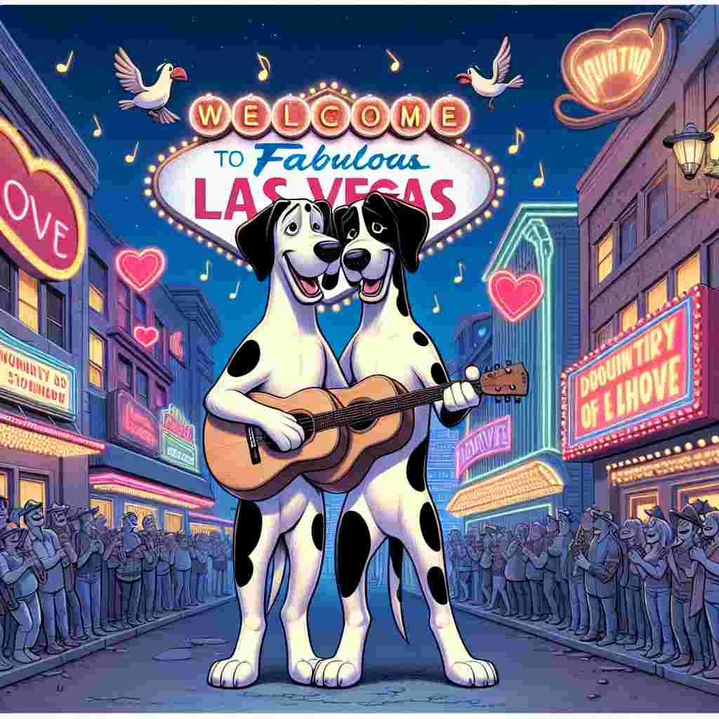 Imagine a charming depiction featuring two cartoon Great Danes portraying the role of a country music duo. They are standing amidst a lively street in a city known for its nightlife, much like Las Vegas. The surrounding is awash with the glow of heart-shaped neon signs and ones resembling musical notes that light up the precinct. The canine pair indulges in expressing their emotions through twangy ballads of love. To add to this melodious spectacle, a bevy of cartoon birds perched on neighboring structures provide harmonious chirps and tweets, transforming the entire street into an unexpected outdoor concert. The unique intermingling of the city's electrifying ambiance with quaint elements of country delights paves the way for a singular Valentine celebration. The cartoon Great Danes are undeniably integral to this melody-inspired romance.
Generated with these themes: Great Danes, Country Music, Las Vegas, Bird Watching .
Made with ❤️ by AI.