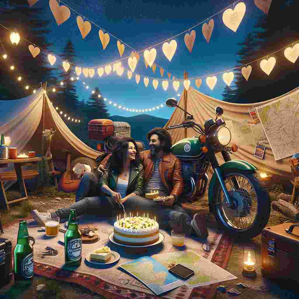 Capture a charming scene where a motorbike is stationed at a scenic campsite, prepared for a special Valentine's Day celebration. Near the bike, a Hispanic woman and a Middle-Eastern man, both with long hair, are relaxing on a blanket. They are surrounded by travel maps and guides, their laughter echoing throughout the territory as they share a piece of lemon cheesecake. Strings of lights and paper hearts are suspended overhead, contributing to the joyful atmosphere. Two bottles of Guinness have been placed on a nearby tree stump, awaiting consumption. The starry sky above suggests the whimsical allure of travel and the mutual enchantment experienced by the couple.
Generated with these themes: Motorbike, Long hair, Travel, Lemon Cheesecake, Camping, and Guinness .
Made with ❤️ by AI.