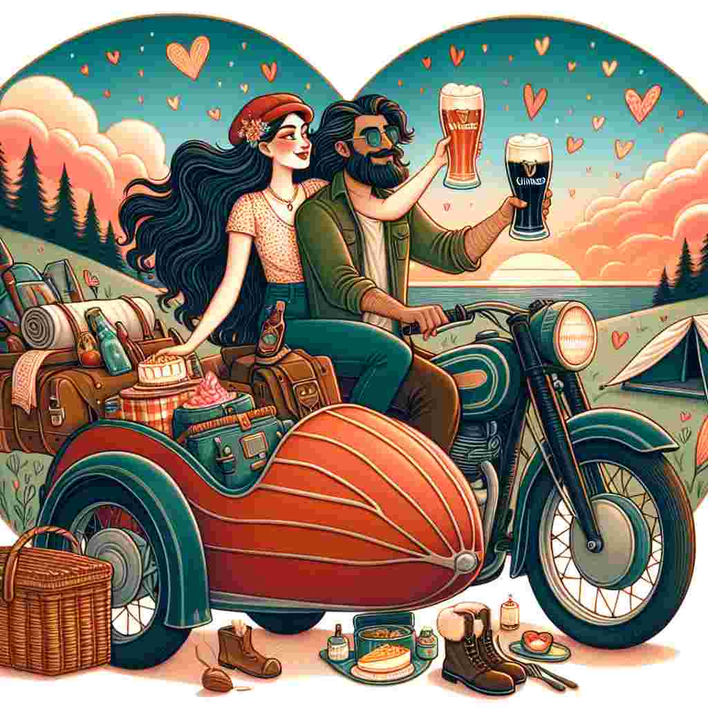 A whimsical Valentine's Day illustration showcasing a Hispanic woman and Middle Eastern man, both with long flowing hair, embarking on a journey on a vintage motorbike. They're encapsulated within a scenic backdrop suggesting travel and adventure. A cozy tent and essential camping gear are snugly packed in their motorcycle's sidecar. As they ride into the background painted with hues of sunset and buoyant hearts, a picnic basket rests atop their motorbike's luggage rack, emanating the sweet and tangy aroma of lemon cheesecake. Held in their hands are two glasses of Guinness, raised in a celebratory toast to their companionship and shared adventures.
Generated with these themes: Motorbike, Long hair, Travel, Lemon Cheesecake, Camping, and Guinness .
Made with ❤️ by AI.