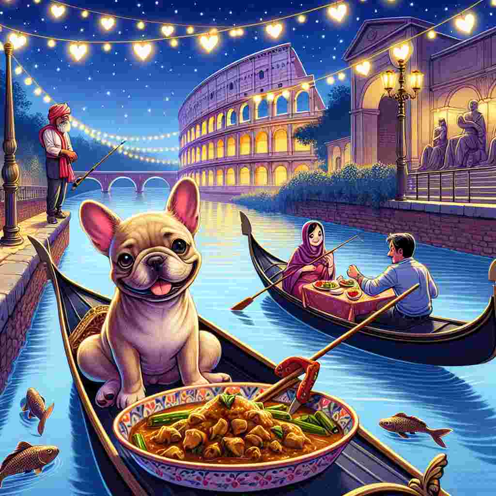 An enchanting Valentine's Day illustration of an endearing French bulldog perched in a gondola. It's gently floating down a canal with the highly illuminated, iconic Roman Colosseum creating a romantic scenery in the background. In the gondola, a tempting curry dinner is beautifully served for two, with one of the ceramic plates bearing a lovely heart shape. The night sky overhead is filled with stars, which curiously enough, form the silhouette of iconic props typically found in an office setting. On the bank of the canal, a Middle-Eastern male and South Asian female duo are deeply engrossed in the tranquil activity of carp fishing, their fishing rods playfully forming a heart shape above them.
Generated with these themes: Btw, French bulldog, Rome, Curry, The office tv programme, and Carp fishing.
Made with ❤️ by AI.