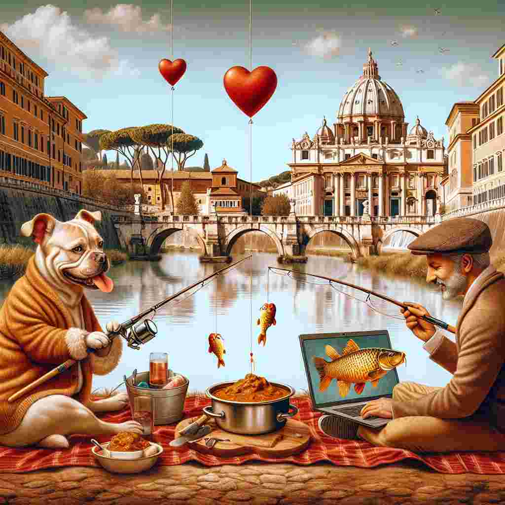 Introduce a rich, warm Valentine's Day scene where two dogs, one of which is a French bulldog, share a zesty curry meal on a picnic blanket in Rome. They have added some entertainment with a laptop streaming a popular sitcom. Use the profound, ancient Roman architecture as a beautiful backdrop, underscoring the love and historic charm. Towards the front of the picture, depict two fishermen engrossed in carp fishing. They add a touch of romance to their hobby by using heart-shaped floats bobbing on the tranquil river's surface.
Generated with these themes: Btw, French bulldog, Rome, Curry, The office tv programme, and Carp fishing.
Made with ❤️ by AI.