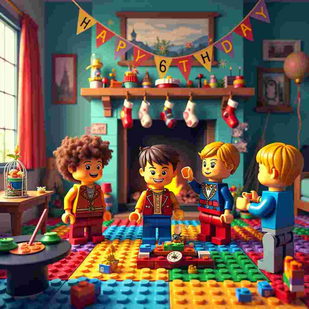 The scene is set in a whimsical living room that looks like it’s part Lego wonderland, part magician’s stage, and part cozy family gathering spot. Picture Reuben, Louie, and Joey, three energetic children each about 6 years old, in the center of the room, surrounded by a colorful explosion of Lego bricks and magical props.

Reuben, a little magician-in-training, is wearing a tiny top hat and holding a magic wand that’s too big for his hand, making it look even more enchanting. To his right, Louie is building an intricate Lego castle, which has some fantastical elements like miniature drawbridges and dragon-shaped turrets, subtly nodding to the magic theme. Joey, with a cheeky grin, is busy placing a Lego wizard with a long, flowing beard at the top of the castle.

Above them, a banner made of Lego bricks spells out “Happy 6th Birthday!” with little magical sparkles and stars floating around it, as if a spell has been cast. Behind the children, a whimsical fireplace features stockings filled with wands, spell books, and more Lego pieces spilling out like treasure.

The floor is a patchwork of colorful, interlocking Lego tiles, some of which seem to be enchanted—glowing faintly or hovering slightly above the ground. One section even features a Lego-built rabbit popping out of a hat, winking at the viewer.

On a side table to the left, there’s a birthday cake shaped like a Lego brick, with a magician’s top hat and wand as the cake topper. Balloons float around, with a mix of traditional and Lego balloon designs, and a Lego-built birdcage with a tiny bird inside sits nearby, ready for the next magical trick.

The background wall is a collage of children’s drawings, showcasing a blend of Lego creations and magical scenes, as if Reuben, Louie, and Joey have been brainstorming their birthday adventures for weeks. The window shows a bright, sunny day outside, hinting at more adventures to come.

Every element in the scene combines the playful creativity of Lego with the enchantment of magic, making it a perfect birthday celebration for three imaginative 6-year-olds.
Generated with these themes: Lego, Magic, Reuben, Louie , Joey, and 6 years old.
Made with ❤️ by AI.