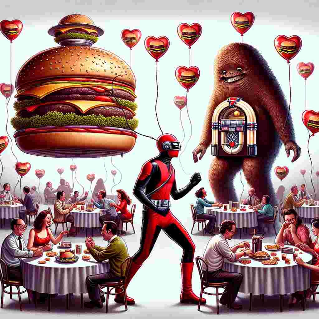 An engaging illustration for a humor-filled party, where a masked vigilante character in red and black attire engages in a dance-off with a towering, hairy alien with a bandolier, beside a jukebox playing melodic tunes. Surrounding them are tables where couples of mixed descents and genders are deeply engrossed in their board games. Above, heart-shaped balloons imprinted with burger motifs float whimsically, providing a quirky touch to the Valentine's Day theme. A massive, spherical space station is stunningly transformed to double as a disco ball, thus merging different themes in a playful and surprising way.
Generated with these themes: Star wars, Music, Board games, Marvel, and Burgers.
Made with ❤️ by AI.