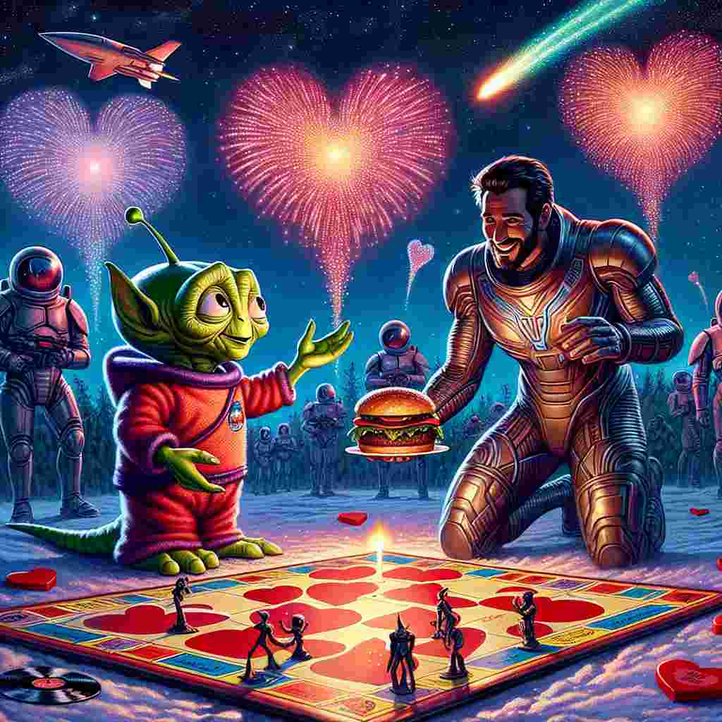 A fantasy illustration for Valentine's Day showcases fanciful characters from beloved space and superhero sagas, trading heart-shaped vinyl records under a sky lit with fireworks that take the shape of traditional board game pieces. An endearing tiny green alien from a space saga is seen in the foreground, offering a burger to a charmed wall-crawling superhero, depicting an amusing moment in this festive scene.
Generated with these themes: Star wars, Music, Board games, Marvel, and Burgers.
Made with ❤️ by AI.