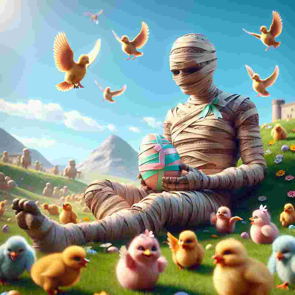 In this pleasantly realistic Easter scenario, an ancient mummy, subtly integrated into the festivities, dons a soft pastel ribbon woven through its traditional bandages. The mummy is settled on a grassy hill, in the midst of an animated scene of chicks and ducklings busily pecking at the ground. Above, an expansive clear blue sky stretches out, amping up the lively colors of the surroundings, while the mummy participates in the exuberant Easter egg hunt, housing a fine, delicately handled, painted egg within its lap.
Generated with these themes: Mummy.
Made with ❤️ by AI.