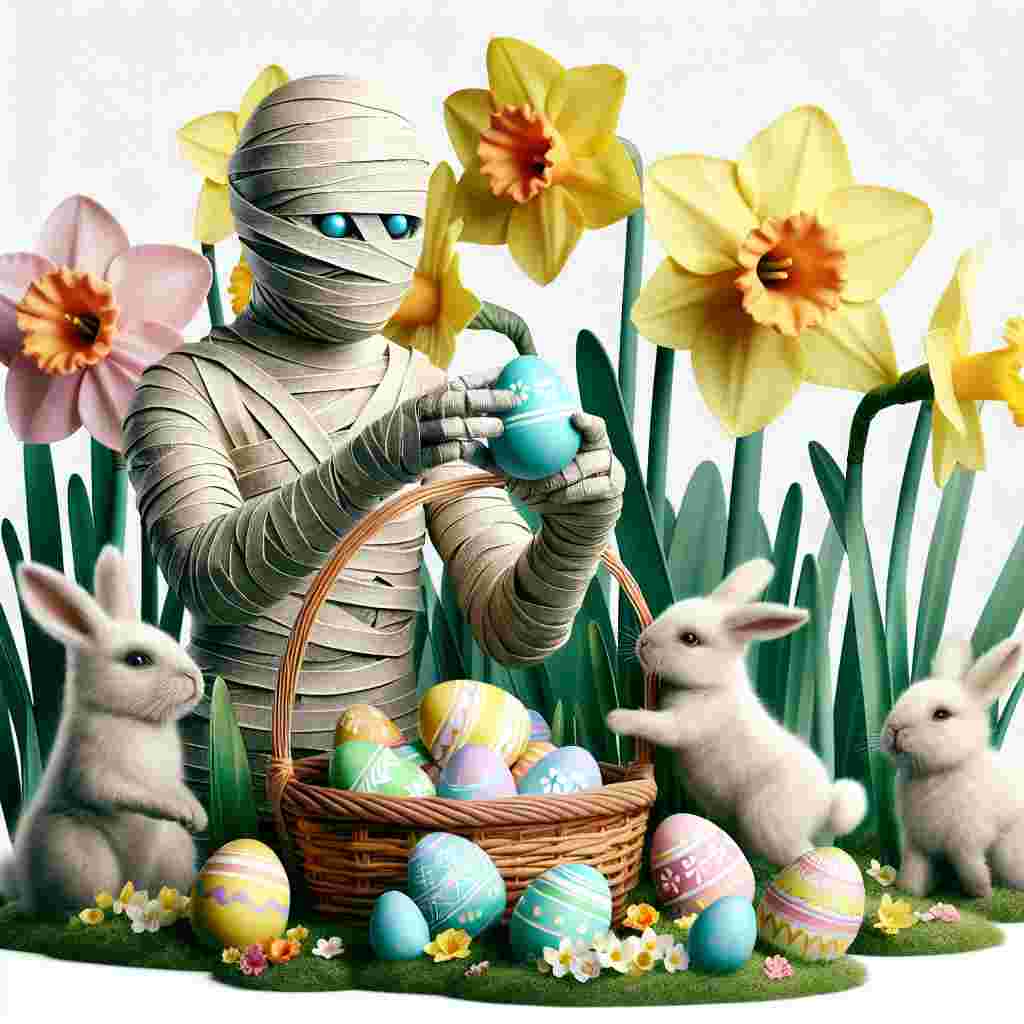 Produce a delightful, whimsical yet realistic Easter scene featuring a mummy as an unusual participant. The mummy, covered in wrappings with pastel colors and patterns resembling Easter eggs, is gently holding a basket filled with colorfully painted eggs. Around the mummy, realistic-looking fluffy bunnies playfully jump within a field of blooming daffodils and tulips, symbolizing the joyous resurgence of spring.
Generated with these themes: Mummy.
Made with ❤️ by AI.