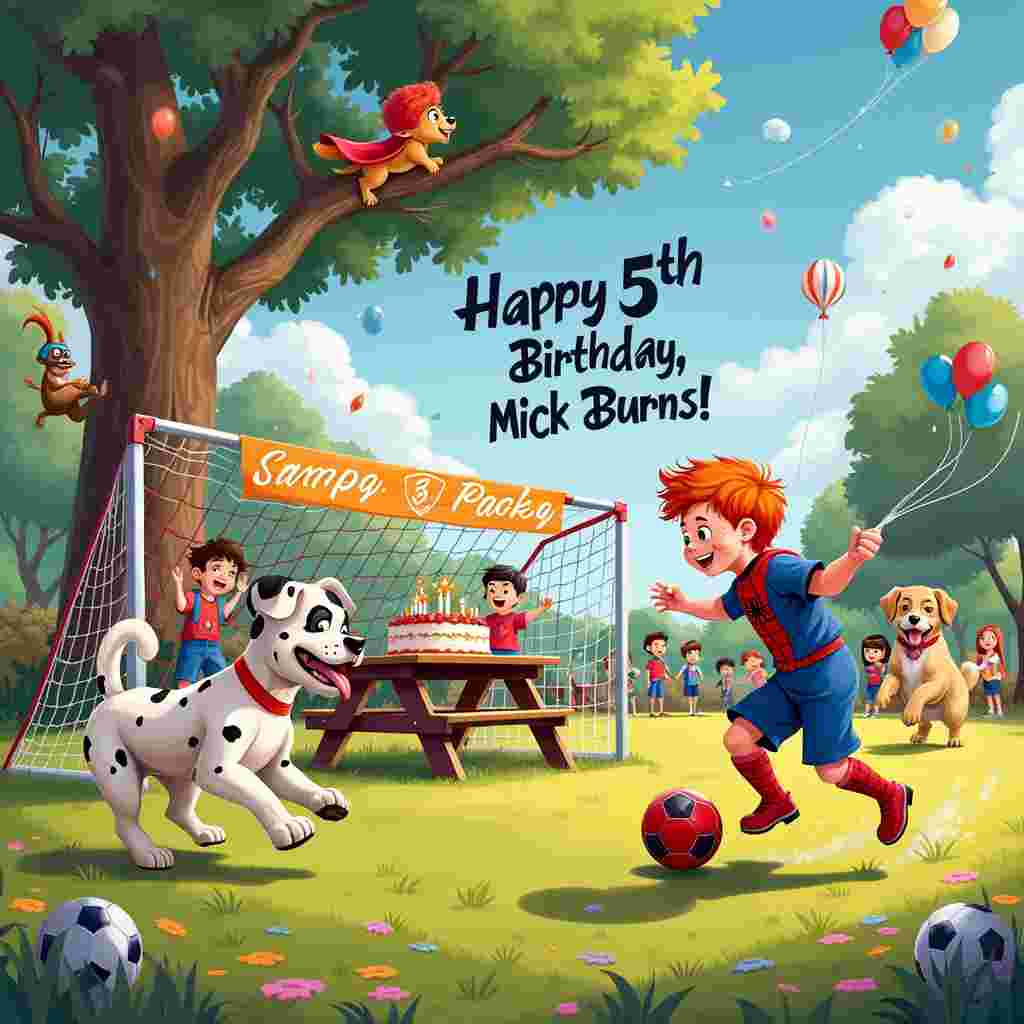 The scene takes place in a lively, colorful park on a sunny day, bursting with activity and fun. In the center of the scene, there’s a vibrant soccer field with a lush green lawn. Mick Burns, a red-haired, freckled five-year-old boy, is dressed in a Spiderman costume, complete with a mask pulled up to reveal his beaming face. He’s mid-kick, aiming a soccer ball adorned with the iconic Spiderman web pattern towards a goal. The goalposts are festooned with red and blue streamers, and a large banner overhead reads "Happy Birthday, Mick Burns!" in bold, cheerful letters.

Surrounding Mick on the field are an assortment of playful dogs, each with their own unique twist. One Dalmatian sports a Spiderman mask and is leaping in the air trying to catch a frisbee shaped like a Spiderman emblem. A golden retriever, with a red wig perched humorously on its head, chases after the soccer ball, tongue out and tail wagging. A little pug, with tiny soccer cleats on its paws, is running in circles around Mick, adding to the chaos and fun.

In the background, there are several clusters of kids and parents, clapping and cheering. A large, colorful cake sits on a picnic table nearby, decorated with soccer balls, Spiderman figurines, and five candles. Balloons in red, blue, and white float around the scene, some tethered to the picnic table and others being held by children.

To the side, a tall oak tree has a tire swing hanging from one of its sturdy branches. Perched in the tree, observing the action below, is a curious squirrel donning a tiny Spiderman cape.

Above, the sky is a clear, bright blue with fluffy white clouds. Among the clouds, written in wispy, cloud-like script, are the words "Happy 5th Birthday, Mick Burns!"

Every element in the scene is infused with joy and whimsy, capturing the delightful essence of a five-year-old’s birthday celebration with a unique blend of Spiderman, soccer, dogs, and red hair themes.
Generated with these themes: Spiderman, Dogs, Soccer, Red hair, and 5 years old.
Made with ❤️ by AI.