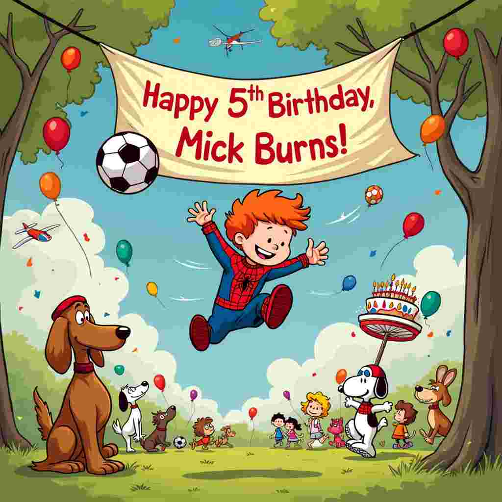 The front cover of the birthday greeting card features a whimsical, lively park scene that blends the playful elements of Charles Schulz's "Peanuts" and the adventurous spirit of Hergé's "Tintin." 

In the center of the card, a young, red-haired boy, Mick Burns, is dressed in a miniature Spiderman costume. He's leaping mid-air, one hand shooting out a web towards a soccer ball that’s flying through the air. His wide grin reveals the excitement of being a superhero and a soccer star all at once. 

Surrounding Mick are a troupe of energetic, cartoonish dogs, each with a unique personality. One dog, resembling Snoopy, is wearing a red headband and soccer jersey, ready to intercept the ball with its paw. Another dog, a shaggy, long-eared basset hound, is holding a birthday cake in its mouth, with "Happy Birthday Mick Burns!" written in colorful frosting.

In the background, a group of cheerful, anthropomorphic animals (reminiscent of Disney’s classic characters) are gathered, holding a large banner high between two trees. The banner reads, "Happy 5th Birthday, Mick Burns!" in bright, bubbly letters. The banner flutters gently in the breeze, adding a sense of motion to the scene.

Behind the banner, the park is filled with playful details: a merry-go-round with kids and dogs spinning around, a seesaw with a Spiderman action figure on one side and a squeaky toy on the other, and colorful balloons tied to the trees. High in the sky, a friendly airplane skywriting "Happy Birthday Mick Burns!" in puffy, cloud-like letters can be seen, with the tail end of the message still forming.

In the corner of the scene, a comic book styled frame showcases a close-up of Mick's face, his bright eyes full of joy, mirroring the style of Bill Watterson's "Calvin and Hobbes." This frame adds an extra layer of detail and emphasizes the birthday boy’s central role in the lively, humorous celebration. 

Overall, this card blends the classic cartoon artistry with a vibrant, action-packed narrative, making it a delightful and memorable birthday greeting for Mick Burns.
Generated with these themes: Spiderman, Dogs, Soccer, Red hair, and 5 years old.
Made with ❤️ by AI.