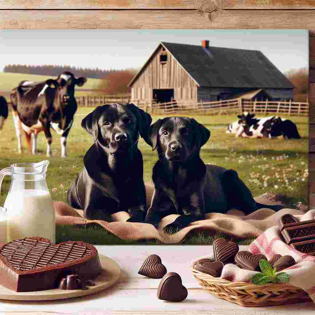 Create an image showing a sweet scene for Valentine's Day. There are two black Labradors sitting side by side on a quaint farm. Around them, milk cows grazing peacefully, with a homely, rustic barn visible in the background. The focus is on the foreground where there's a romantic picnic setup featuring chocolate biscuits and a uniquely heart-shaped steak. The image should be displayed with a warm, soft color palette designed to evoke feelings of love and tenderness.
Generated with these themes: Black Labradors, Farming, Milk cows , Chocolate biscuits, and Steak.
Made with ❤️ by AI.