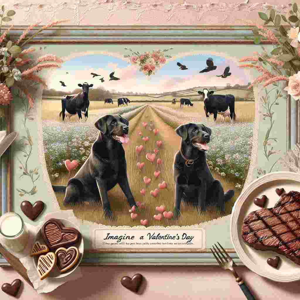 Imagine a delightful Valentine's Day scene. Two black Labrador dogs are seen playfully frolicking in an open field on a farm. Scattered across the background, milk cows are grazing peacefully, symbolizing the tranquillity of rural life. At the heart of the scene, a dainty table is prepared for a Valentine's feast, featuring indulgent chocolate biscuits and a succulent steak, both smartly shaped like hearts. This entire romantic tableau is encased within a frame garnished with delicate flora and dominated by soft pastel shades representative of affection and warmth.
Generated with these themes: Black Labradors, Farming, Milk cows , Chocolate biscuits, and Steak.
Made with ❤️ by AI.