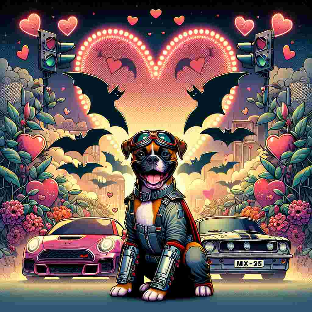 Depict a delightful Valentine's Day-themed illustration, with a whimsical environment as the backdrop. The central figure is a merry and playful Boxer dog, playfully dressed in the attire of a vigilante bat-themed superhero, complete with a smirk on its face. Above, a heart-shaped signal, reminiscent of the bats used in comics, lights up the sky. Surrounding the dog are hearts emblazoned with the letters and numbers 'Mx5', blending an automotive thrill with the romantic backdrop. This fusion creates a playful and novel scene that's a fitting tribute to those who enjoy Valentine's Day and admire uniqueness.
Generated with these themes: Mx5, Boxer dog, and Batman.
Made with ❤️ by AI.