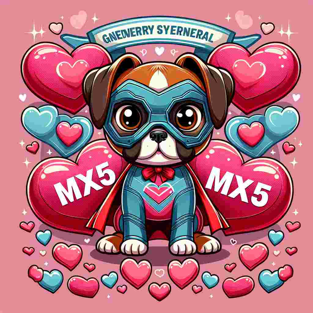 Create a charming and vibrant illustration with a Valentine's Day theme and a touch of cartoon-like appeal. The central figure is an adorable Boxer dog wearing a costume of a general superhero, complete with a petite cape and a mask, showing heroism and appeal simultaneously. Surrounding this costumed canine, hearts, each decorated with the inscription 'Mx5', float in an adorable and whimsical manner, representing a unique blend of love and sheer passion for driving.
Generated with these themes: Mx5, Boxer dog, and Batman.
Made with ❤️ by AI.