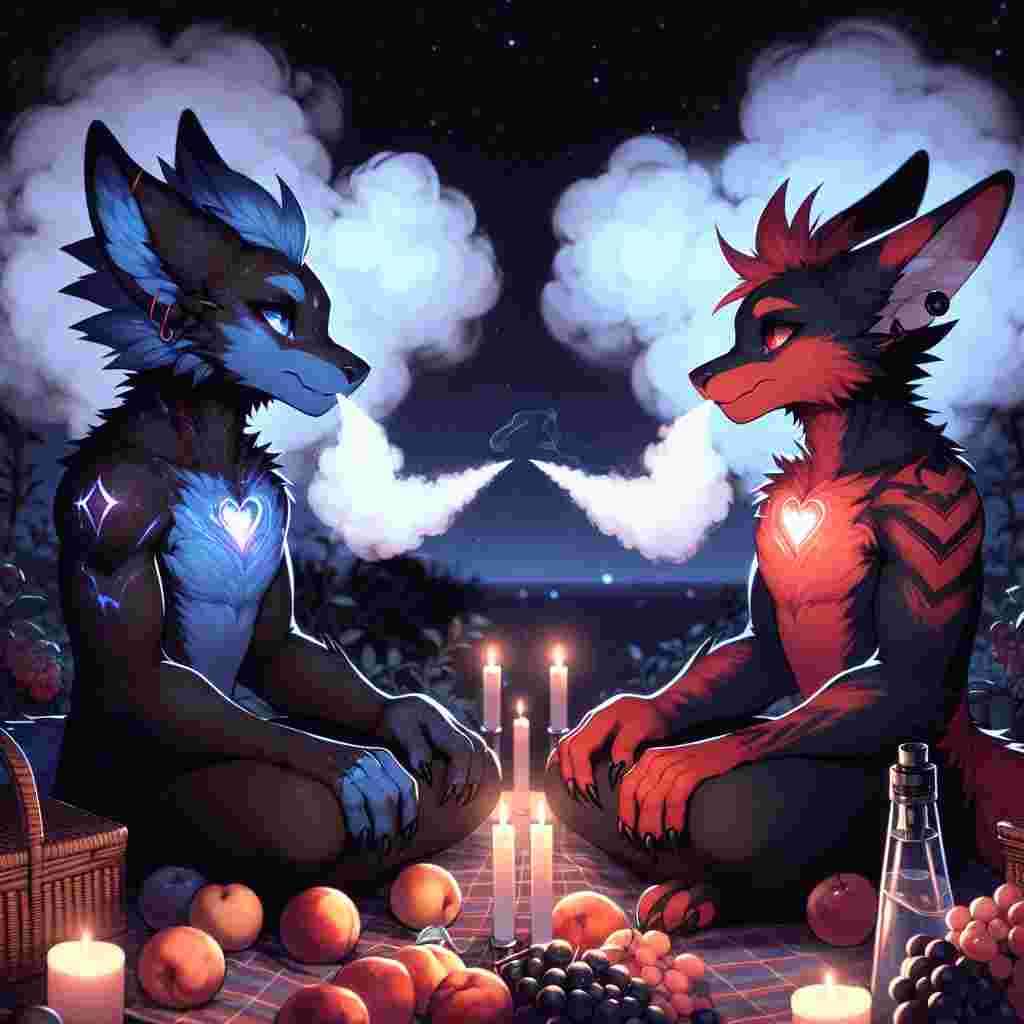 Generate an image of two anthropomorphic characters: one is a blue and black mammal-like creature with a unique chest spike and the other is a spiky-haired, red and black creature, both sitting on a picnic blanket under a starry sky. They are surrounded by an assortment of peaches and grapes, bathed in the soft glow of candlelight. Their vapour devices emit a subtle, fragrant plume, intertwining to form a heart, symbolizing their Valentine's Day camaraderie.
Generated with these themes: Lucario, Shadow the Hedgehog, vapes, peaches, grapes.
Made with ❤️ by AI.
