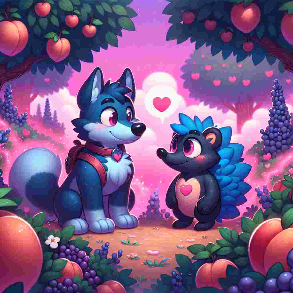 A tender Valentine's Day illustration where a blue anthropomorphic canine and a black anthropomorphic hedgehog stand in a magical orchard, sharing timid looks. The air brims with a pink fog from their heart-designed vaporizers. Around them, the terrain is scattered with mature peaches and clusters of grapes, contributing a hint of romantic prosperity to the scenario.
Generated with these themes: Lucario, Shadow the Hedgehog, vapes, peaches, grapes.
Made with ❤️ by AI.