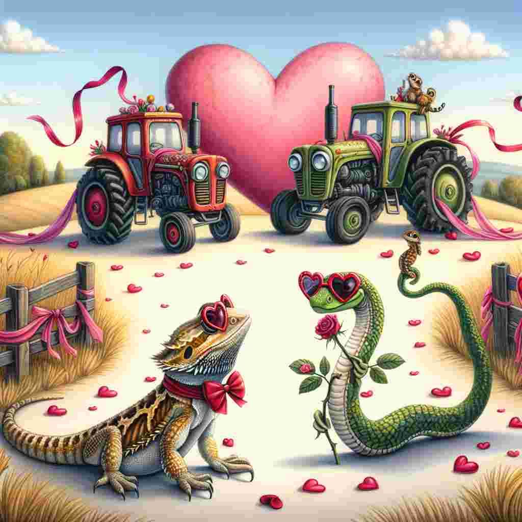 Whimsical Valentine's Day themed illustration featuring a picturesque farmland setting. Two farm tractors, decorated extravagantly with hearts and ribbons, are parked facing one another to create an endearing heart shape. In the foreground, a friendly bearded dragon and a boa constrictor, both accessorized with miniature heart-shaped glasses, are caught in a moment of affectionate exchange. Adding a playful surprise to the romantic landscape is a gekko gripping onto the stem of a rose, contributing to the overall euphoria of Valentine's Day celebrations.
Generated with these themes: Tractors, Bearded Dragon, Boa Constrictor, and Gekko.
Made with ❤️ by AI.