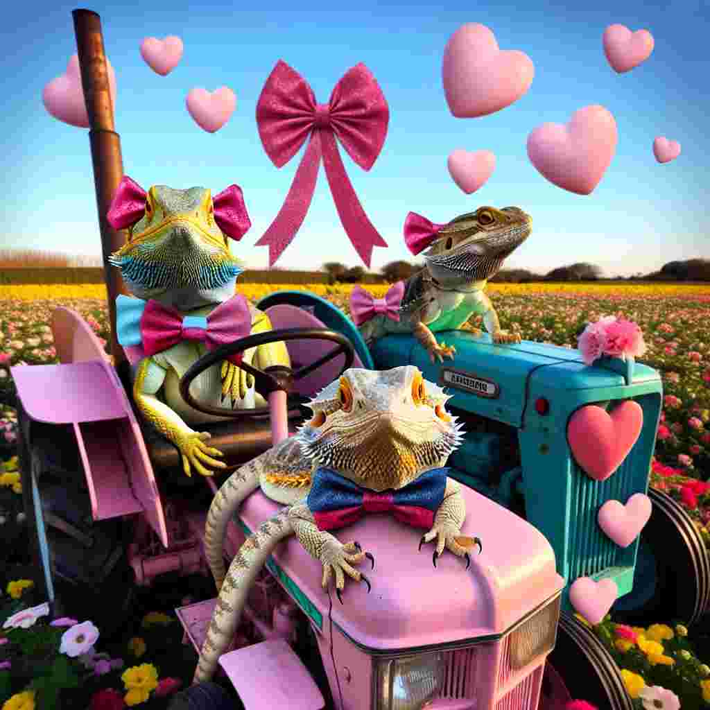 Create a cute Valentine's Day image featuring a bearded dragon, a boa constrictor, and a gecko, each of them wearing oversized bows. They are seen riding atop decorated tractors painted in pastel colors and decorated with love-heart symbols. The tractors are set in a beautiful field filled with varieties of flowers. The clear blue sky above is dotted with heart-shaped balloons. The image blends the rustic charm of farming with the sweet sentimentality of Valentine's Day.
Generated with these themes: Tractors, Bearded Dragon, Boa Constrictor, and Gekko.
Made with ❤️ by AI.