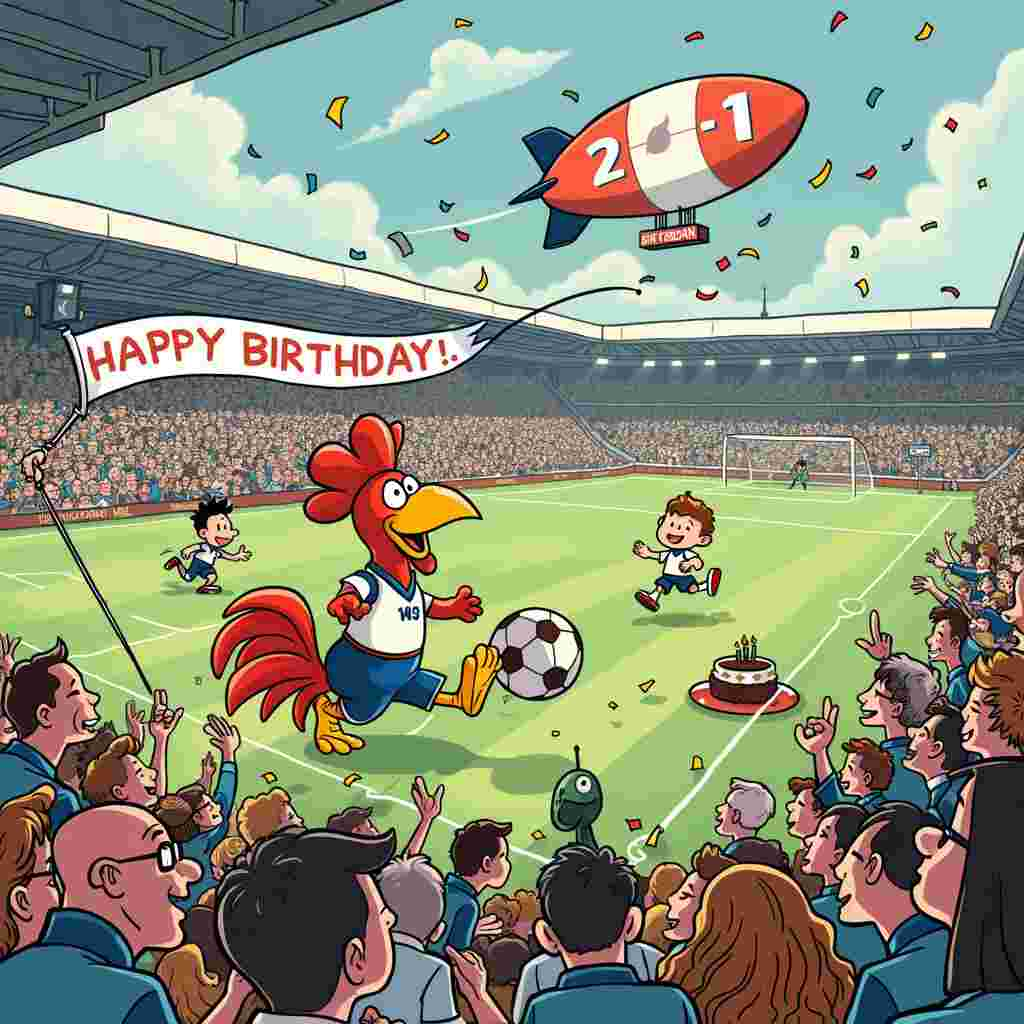 Picture this: On the front cover of the birthday greeting card, a bustling cartoon stadium filled with excited fans donning Tottenham Hotspur jerseys and scarves. The fans are a diverse group, reflecting a range of ages and backgrounds, inspired by the lively crowds of Peanuts by Charles Schulz. Amongst the sea of blue and white, a banner waves high with "Happy Birthday!" in bold, playful letters.

Front and center on the pitch, a cheeky anthropomorphic cockerel (Tottenham's mascot) is juggling a football. The cockerel, drawn with the whimsical charm of Disney characters, has a birthday hat perched jauntily on its head and a cheeky grin. Next to the cockerel, a mischievous little boy, reminiscent of Calvin from Calvin and Hobbes, tries to steal the ball, a birthday cake under his arm, complete with flickering candles.

In the background, the stadium scoreboard, styled like something out of Winsor McCay’s dreamscapes, shows "3-2-1... HAPPY BIRTHDAY!" while confetti rains down from above. The stands are filled with humorous characters inspired by Gary Larson's The Far Side – think peculiar yet relatable fans like a family of hedgehogs, an alien with a foam finger, and a dog with a team scarf, all cheering wildly.

Adjacent to the main action, a pair of fans – a grandpa and his grandchild – reminiscent of the gentle lines of Hergé's Tintin, are engaged in a classic grandpa-grandchild conversation, the child holding a giant foam finger. The grandpa is pointing towards the field, explaining something with enthusiasm.

Further enhancing the comic feel, small, humorous details populate the scene – a sideline reporter styled like a character from R. Crumb's underground comix, a clumsy vendor tripping over a cartoonishly large pile of popcorn, and in the sky, a zeppelin blimp with a Tottenham Hotspur logo trailing another "Happy Birthday" banner.

The bottom of the card features a touch of Osamu Tezuka's manga flair with a trio of cute, wide-eyed cheerleaders performing a routine, their pom-poms spelling out "H-B-D!" in dazzling, sparkly letters. 

This front cover is a celebration of Tottenham Hotspur fandom and birthday joy, merging the spirited energy of a football match with the lighthearted fun of a birthday party, all rendered in a delightful and vibrant cartoon style.
Generated with these themes: tottenham hotspur.
Made with ❤️ by AI.