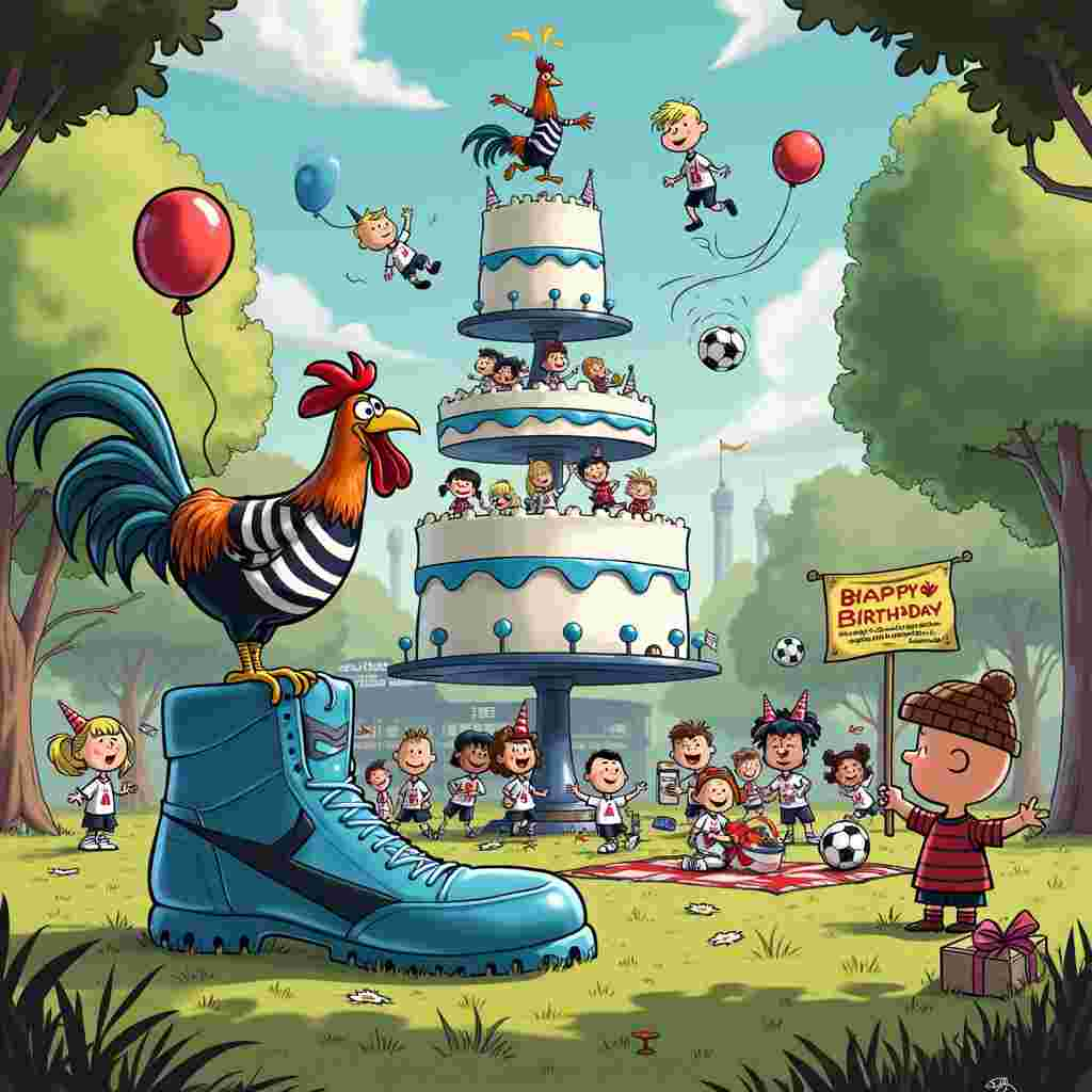 Picture a bustling, whimsical park setting. Center stage, a gigantic birthday cake stands tall, bedecked in white frosting and blue and white stripes, an homage to Tottenham Hotspur's colors. The cake is humorously adorned with mini Spurs jerseys, and tiny edible footballs that almost seem to be in motion. 

In the foreground, a cartoon rooster wearing a Tottenham Hotspur jersey and a party hat, unmistakably a humorous nod to the team's mascot, crows jubilantly while perched on a bright blue birthday balloon. Around the rooster, a gang of animated characters, each representing a quirky mix of Peanuts' charm and Calvin and Hobbes' exuberance, frolic in Tottenham Hotspur gear. 

To the left, a life-sized Tottenham football boot, as comically oversized as something out of Gary Larson's The Far Side, sits as a makeshift slide. Kids dressed in Spurs kits are gleefully sliding down it, their faces a mixture of joy and surprise. 

To the right, a merry band of cartoon Tottenham players, drawn with a dash of Osamu Tezuka's iconic expressive style, are in the midst of a chaotic yet hilarious football game with children. The ball, drawn in a dynamic motion trail reminiscent of Will Eisner's comic action sequences, seems to fly erratically. One player is mid-air, performing an exaggerated bicycle kick with an astonished look on his face.

In the background, a caricature of the Tottenham Hotspur stadium looms, drawn with meticulous detail like Hergé's Tintin adventures, yet whimsically scaled down to fit into the park scene. Banners with "Happy Birthday" and "Come On You Spurs" flutter in the cartoon breeze, drawn in the playful, wavy style of Winsor McCay.

On a nearby picnic blanket, a character resembling Charlie Brown, but sporting a Spurs beanie, holds a comic book with Art Spiegelman-esque intricate details on the cover, possibly titled "The Birthday Goal". Beside him, a birthday present wrapped in Tottenham-themed wrapping paper, complete with a bow shaped like a football, sits invitingly.

Above it all, the sky is alive with colorful confetti and balloons, drifting lazily like something out of Little Nemo's fantastical dreams. Birds, in the distance, fly in a formation that humorously resembles the number of the birthday being celebrated.

Every element in the scene is bursting with playful energy and a love for Tottenham Hotspur, merging the influences of beloved cartoonists into a single, delightful birthday celebration tableau.
Generated with these themes: tottenham hotspur.
Made with ❤️ by AI.