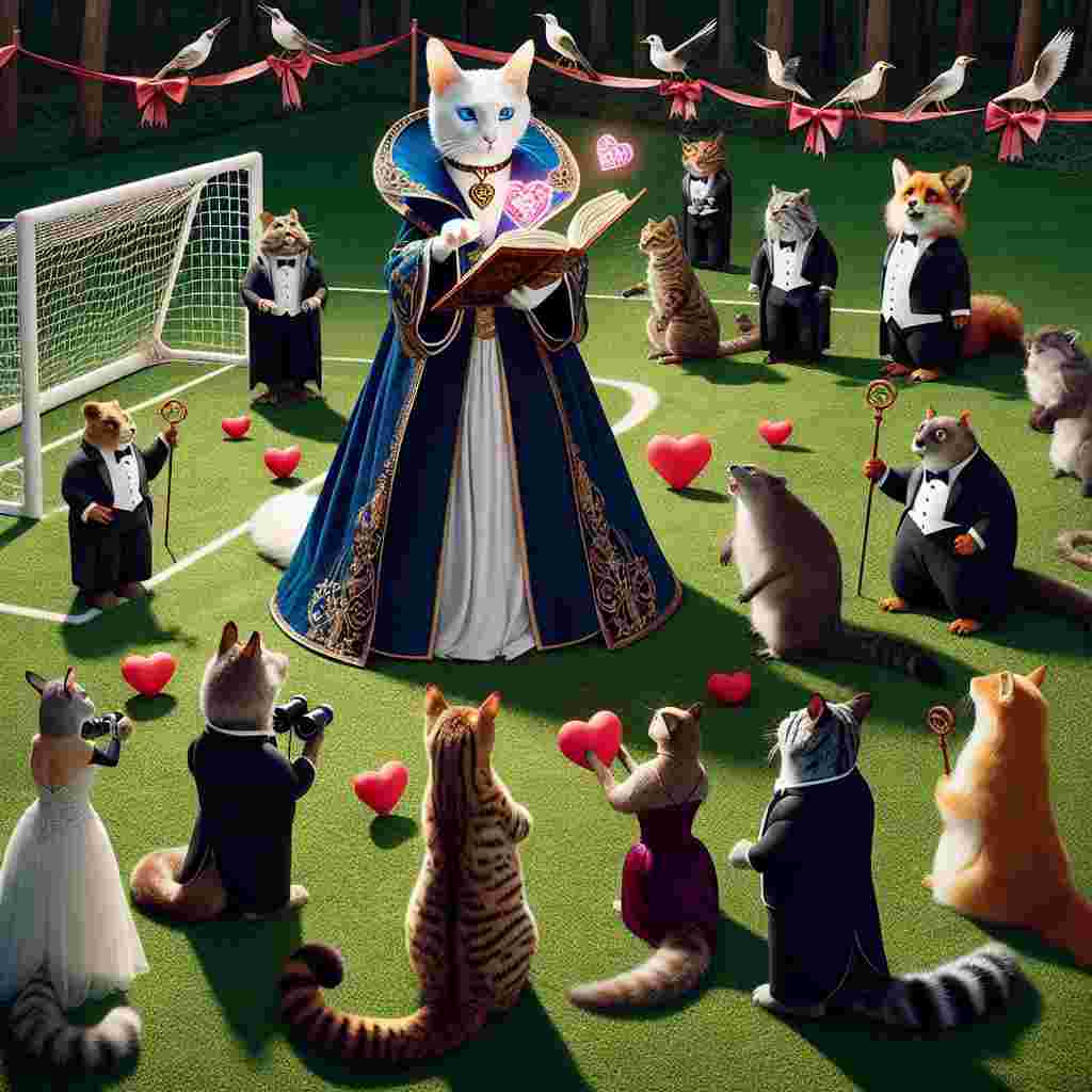 Imagine a grassy soccer field where a white feline, outfitted in an enchanting wizard's robe, is casting heart-shaped charms from a Dungeons and Dragons spellbook. She is entertaining a crowd of forest animals dressed smartly in tuxedos and elegant gowns, eagerly gathered for a plush eating event. The soccer goalposts are adorned with elegant Valentine's Day ribbons, enhancing the romantic theme. High above, curious birds watch the event through binoculars, adding a comedic touch of birdwatching to this Valentine's Day whimsical scenario.
Generated with these themes: White cat, Dungeons and dragons , Soccer, Fine dining, Animals, and Birdwatching .
Made with ❤️ by AI.
