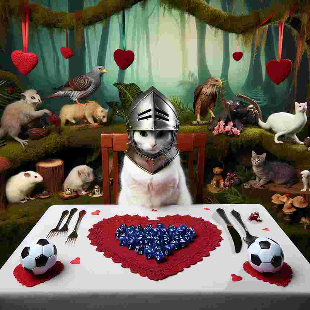A white feline, dressed in a knight's helmet, is perched on an elegantly set dining table, housed within the mystical confines of an enchanted forest. Heart-shaped placemats are strewn across the tabletop, joined by a captivating centerpiece composed of scaled-down soccer balls and multi-sided dice typically used in a Dungeon and Dragons setting. Numerous wildlife, engaging in birdwatching activities, are subtly hiding behind the tree trunks adorned with trinkets and decor commonly used to celebrate the day of love, Valentines Day.
Generated with these themes: White cat, Dungeons and dragons , Soccer, Fine dining, Animals, and Birdwatching .
Made with ❤️ by AI.