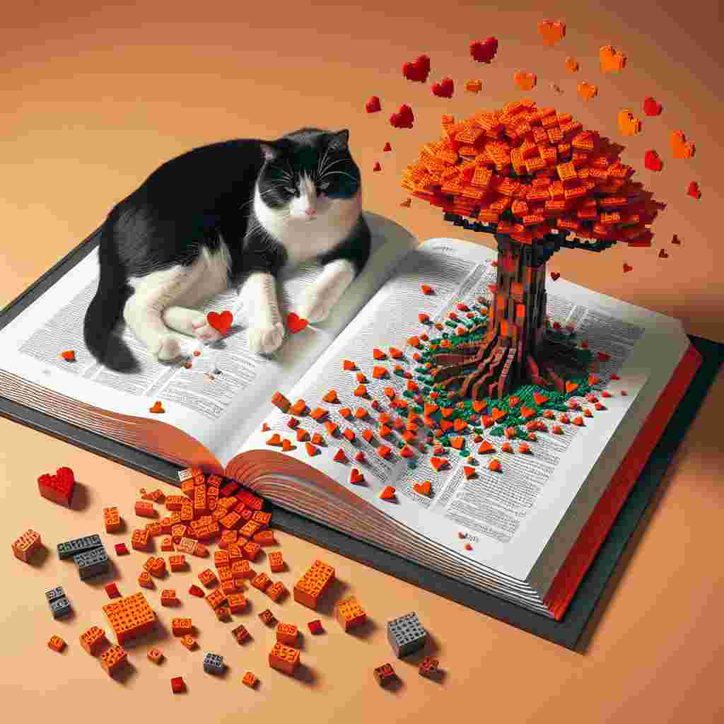 Create a Valentine's Day themed artwork. In the scene, a black and white cat is lounging comfortably on an over-sized, open Bible. The cat's paw is casually flipping through the pages of the book. A trail of Lego bricks appears adjacent to the cat, leading to an imaginative miniature orange tree that is crafted entirely from these interlocking pieces. Little orange hearts float above the scene, matching the hue of the cat's eyes and the artificial tree. The overall image is a warm and tranquil depiction of love, assisted by the reading and creative elements.
Generated with these themes: Black and white cat, Lego, Bible, Reading , and Orange.
Made with ❤️ by AI.
