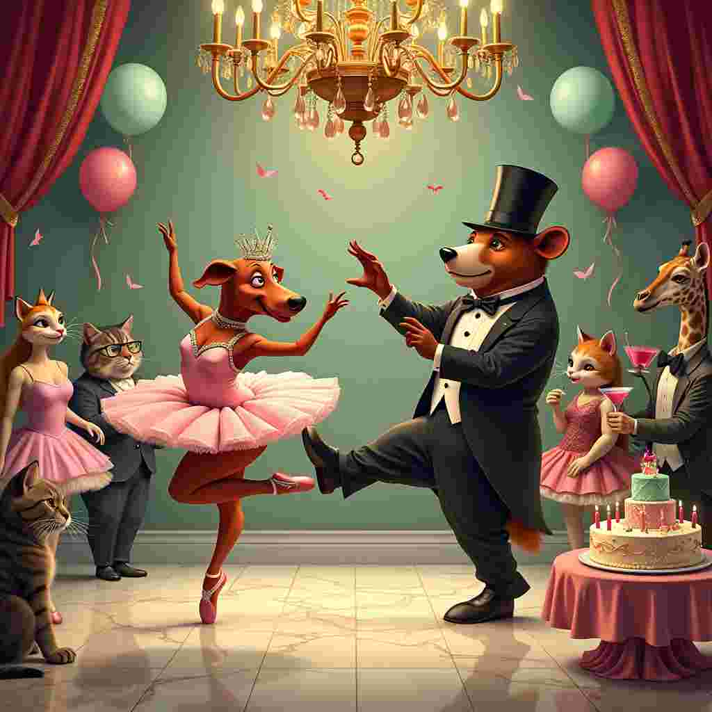 On the front cover of the birthday card, set the stage with an opulent ballroom, its glistening chandeliers and polished marble floor adding an air of exaggerated elegance. Center stage, you'll find the star performers: a female sausage dog ballerina, sporting a pink tutu and a sparkly tiara, executing a perfect pirouette on her hind legs. Her long, sausage-like body gives an amusing twist to her otherwise graceful ballet pose. To her side, a male bear in a snug-fitting tuxedo and top hat awkwardly attempts to mirror her elegant moves. His bulky frame and serious expression make his ballet attempts hilariously clumsy.

The background is peppered with giggling anthropomorphic party guests—imagine cats in cocktail dresses, a giraffe with a monocle and bowtie, and a parrot holding a martini glass. Balloons and streamers dangle from the ceiling, while a large birthday cake, festooned with candles and overly elaborate decorations, sits on a lavish table off to the side.

A prominent joke banner stretches across the top of the scene, reading: "Happy Birthday! We know you're not getting any younger, but at least you're more flexible than Fred the Bear!" 

This detailed visual will ensure the card is packed with humor and delightful absurdity, striking the perfect balance between the themes of birthday celebration and adult humor.
Generated with these themes: Female sausage dog ballerina dancing with male bear, Joke , Adult humour , and Look more human .
Made with ❤️ by AI.