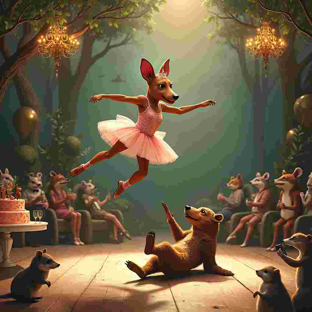 In the bustling heart of a whimsical woodland ballroom, the stage is set for an unforgettable performance. The spotlight shines brightly on the center where a female sausage dog, Daisy, adorned in a glittering pink tutu and delicate ballet slippers, twirls gracefully on her hind legs. Her long, floppy ears are wrapped up in a tight bun, and a tiny tiara perches precariously atop her head, shimmering under the lights. Next to her, a burly, well-groomed male bear named Barry, dressed in a snug tuxedo with tails and a bowtie, attempts to keep up with Daisy's pirouettes. His large, bear paws are squeezed into black patent ballet shoes, which seem hilariously out of place on his enormous feet.

Around the dance floor, other woodland creatures have gathered, dressed in their finest evening attire, sipping on tiny glasses of champagne and watching the spectacle unfold. The backdrop of the scene is a lavish, forest-themed ballroom with golden chandeliers shaped like entwined tree branches, their leaves twinkling like fairy lights. Intricate murals of forest scenes and mythical creatures adorn the walls, blending seamlessly into the room's natural setting.

In one corner of the room, a banner reads "Happy Birthday, Let’s Party Like Animals!" with balloons shaped like sausages and honey pots adding to the humor. A comically oversized birthday cake sits on a table, complete with sparklers and figurines of dancing dogs and bears on top. 

A small orchestra of hedgehogs and raccoons plays a lively waltz, their tiny instruments adding a whimsical charm to the scene. As Daisy and Barry dance, Barry loses his balance, and with an exaggerated expression of surprise, he falls flat on his back, causing his bowtie to spin like a propeller. Daisy, ever the professional, leaps over him with a graceful arabesque, landing perfectly on his belly, eliciting laughter and applause from the audience.

To the side, an owl photographer captures the moment, his camera flashing as he hoots with delight. The entire scene is a blend of elegance and comedy, creating a birthday card that’s sure to bring smiles and laughter.
Generated with these themes: Female sausage dog ballerina dancing with male bear, Joke , Adult humour , and Look more human .
Made with ❤️ by AI.