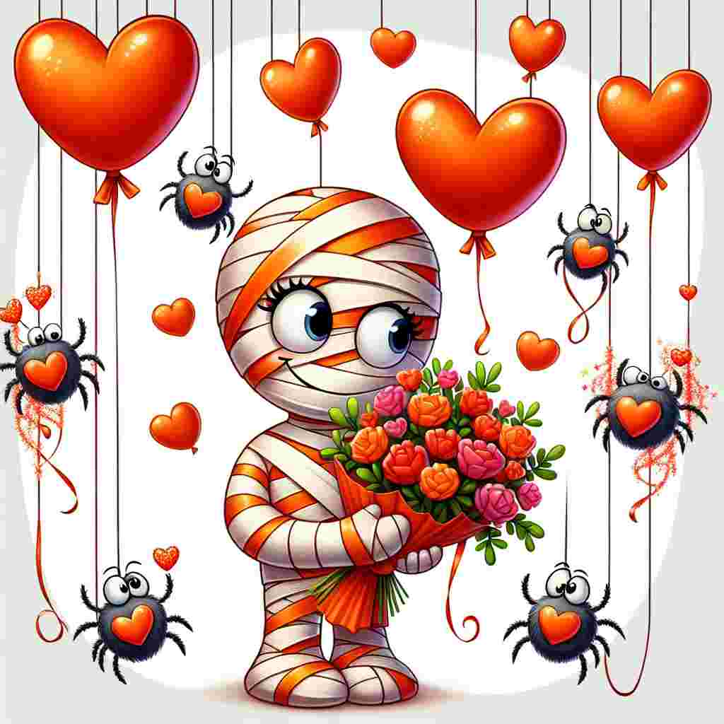 Illustrate a delightful cartoon scene of an amiable mummy wrapped in bright orange strips and holding a bouquet of heart-shaped balloons. Weave tiny friendly spiders into the image, each distinguished by unique heart-shaped orange patches on their backs, hanging among the balloons. As an exquisite detail, depict the spiders spinning delicate, tinsel-like webs that spell out the festive greeting, 'Happy Valentine's Day'. The mummy, meanwhile, should radiate a gentle warmth, their countenance graced with an inviting smile.
Generated with these themes: Mummy, Colour orange , and Spiders.
Made with ❤️ by AI.