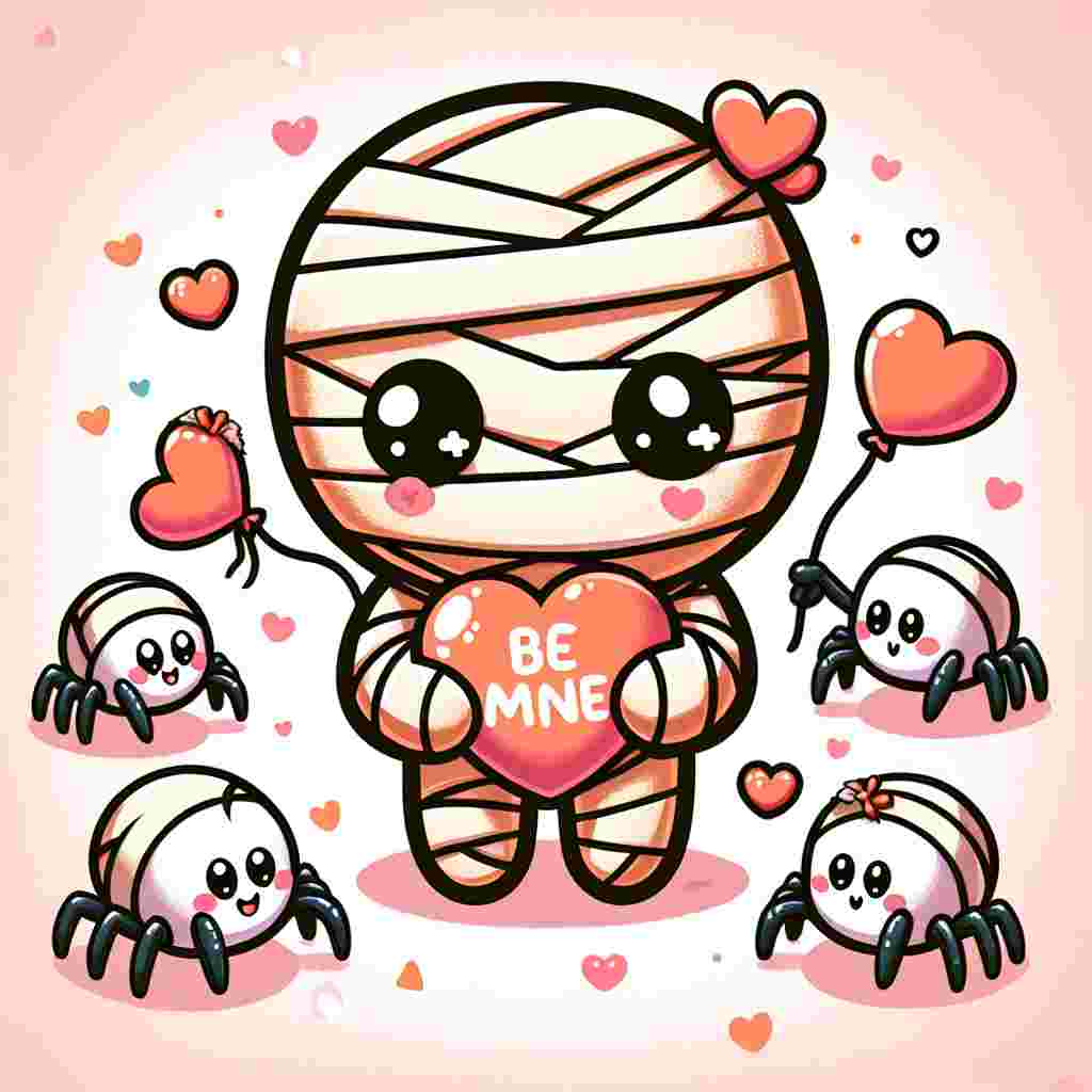 Illustrate an adorable cartoon scene themed around Valentine's Day. At the center, depict a charming mummy character wrapped in orange bandages, a departure from the traditional white. The mummy has a heart-shaped tag on its chest that playfully reads 'Be Mine'. Tiny spiders with large, sparkling eyes are scattered around the mummy, each one holding a miniature pink or red heart adding to the overall festive décor. The spiders appear to be helping the mummy prepare a Valentine's Day surprise, with heart-shaped balloons and confetti decorating the background.
Generated with these themes: Mummy, Colour orange , and Spiders.
Made with ❤️ by AI.