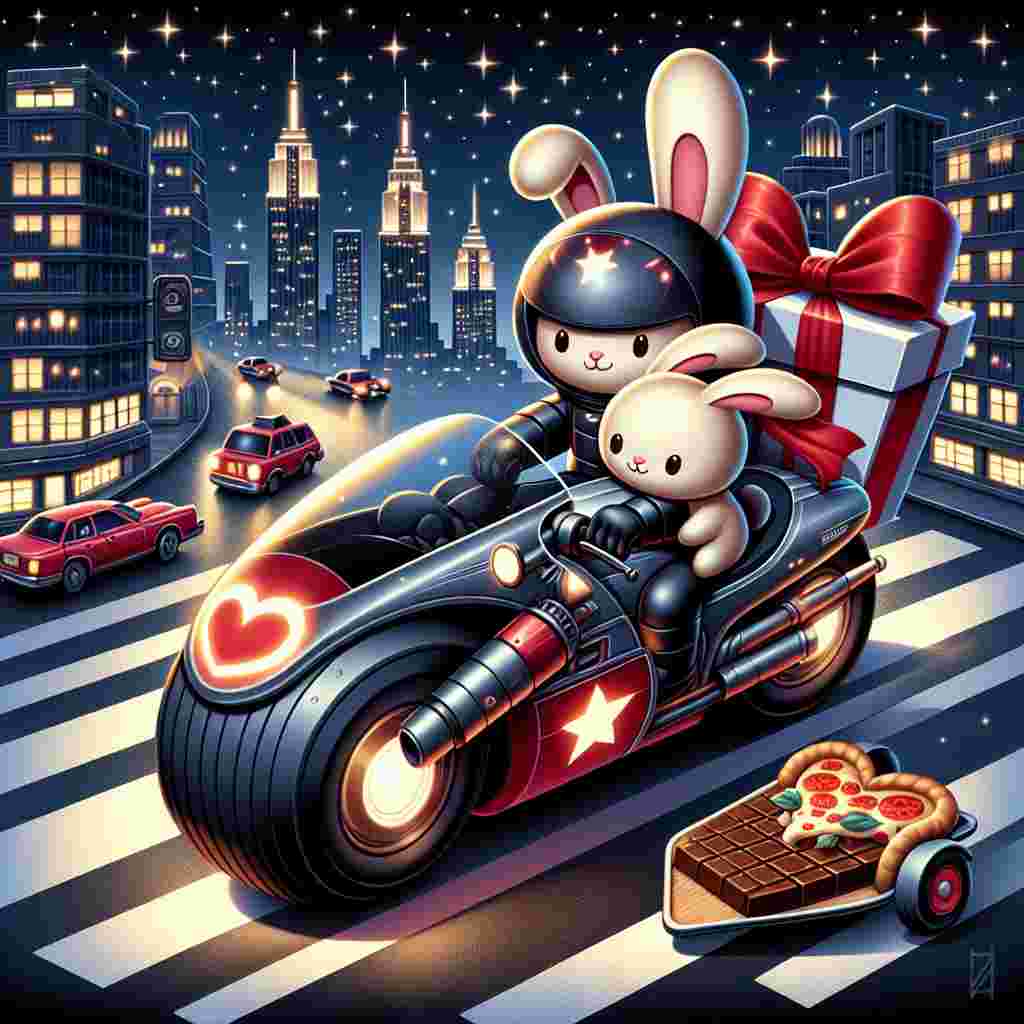 This is a delightful Valentine's Day depiction with a pair of endearing bunnies on an adventurous excursion. They are navigating through a stylized representation of a bustling New York street on a streamlined racing motorcycle. The motorcycle is characterized with a prominent symbol of a nocturnal vigilante superhero, enhancing the excitement. There's a sidecar attached to the bike that contains an oversized chocolate bar tied with a vibrant red ribbon. Their adventurous ride culminates as they pause to relish a pizza in the shape of a heart, basking in the phosphorescent glow cast by the surrounding skyscrapers twinkling like celestial bodies.
Generated with these themes: Rabbits, Racing motorbike, Pizza, Batman, Chocolate, and New york.
Made with ❤️ by AI.