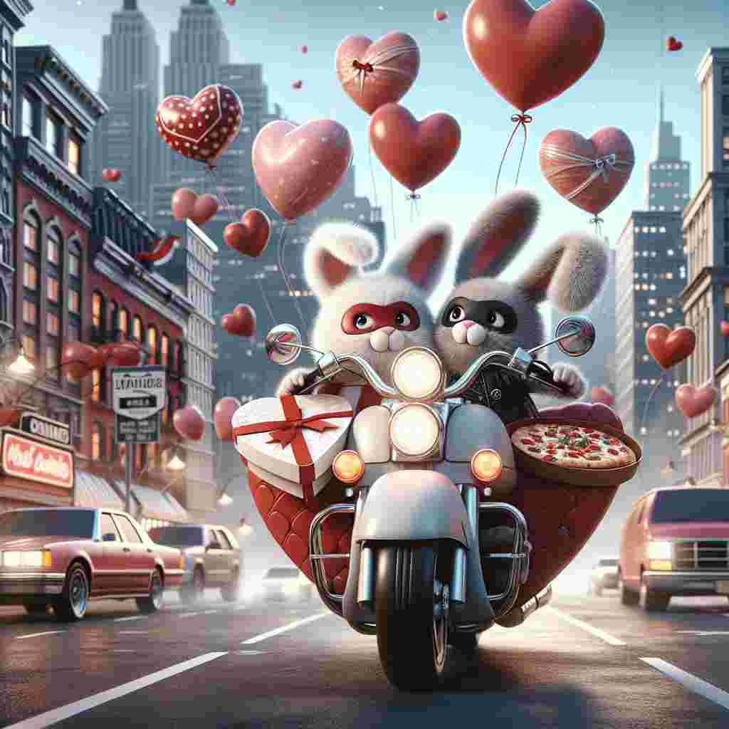 Envision a playful Valentine's Day scene with a pair of fluffy rabbits expressing their affection for each other on a motorbike, whimsically shaped like a heart. They are cruising through a dramatized, cartoon version of a bustling city skyline like that of New York. The rabbits are wearing small masks resembling those of a popular comic book hero, adding an element of fun to their adventure. From the bike's side dangles a box of pizza, adding an unexpected twist. Above them float an array of balloons, assuming the unexpected forms of delectable chocolates adorned with ribbons.
Generated with these themes: Rabbits, Racing motorbike, Pizza, Batman, Chocolate, and New york.
Made with ❤️ by AI.
