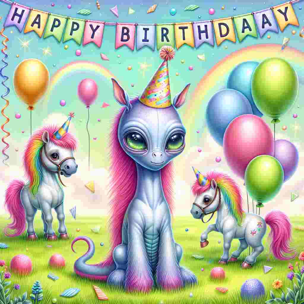 A delightful birthday scene, vibrant with colors, features a charming creature from another planet. This creature, similar in appearance to an alien, stands proudly in the foreground wearing a party hat. The creature is set in a pasture of fluffy green grass where friendly cartoon horses, embellished with festive balloons tied to their manes, play with glee. A pastel-hued banner proclaiming 'Happy Birthday' stretches across the upper part of the image, joined by balloons and confetti that enhance the festal ambiance.
Generated with these themes: Stitch, and Horses.
Made with ❤️ by AI.