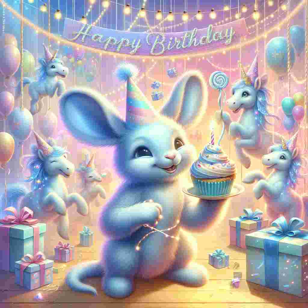 Fluidly transition from reality to fantasy by picturing an amiable blue critter with big ears joyously clutching a cupcake amidst a pastel-colored birthday setting. Around it are several whimsical shining horses, their coats sparkling under the sun's rays, all donning vibrant party hats and engaging in a friendly manner with gift boxes adorned in playful designs. Overhead, an intricate 'Happy Birthday' garland is weaved together with strands of soft, flickering lights, these threads casting a warm, inviting radiance across this spellbinding scene.
Generated with these themes: Stitch, and Horses.
Made with ❤️ by AI.