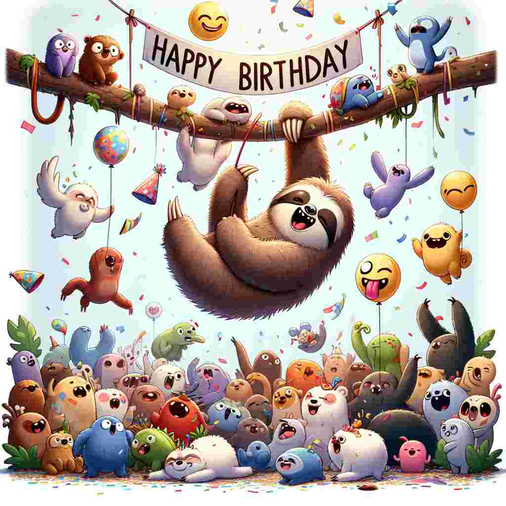 An adorable scene capturing a band of mischievous cartoon animals throwing confetti around, with a central grinning sloth hanging from a branch and holding a banner that reads 'Happy Birthday,' alongside a playful inclusion of a balloon with a tongue-out emoji expressing a hint of rudeness.
Generated with these themes: rude  .
Made with ❤️ by AI.