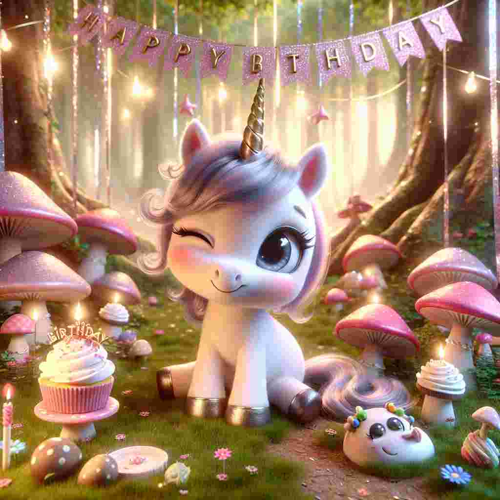 An endearing illustration set in a magical forest clearing, showcasing a bashful unicorn with a sly wink, amidst a sparkling array of streamers and cupcake-topped mushrooms, with 'Happy Birthday' elegantly inscribed on a banner, flanked by a whimsical, teasing critter sticking out its tongue.
Generated with these themes: rude  .
Made with ❤️ by AI.