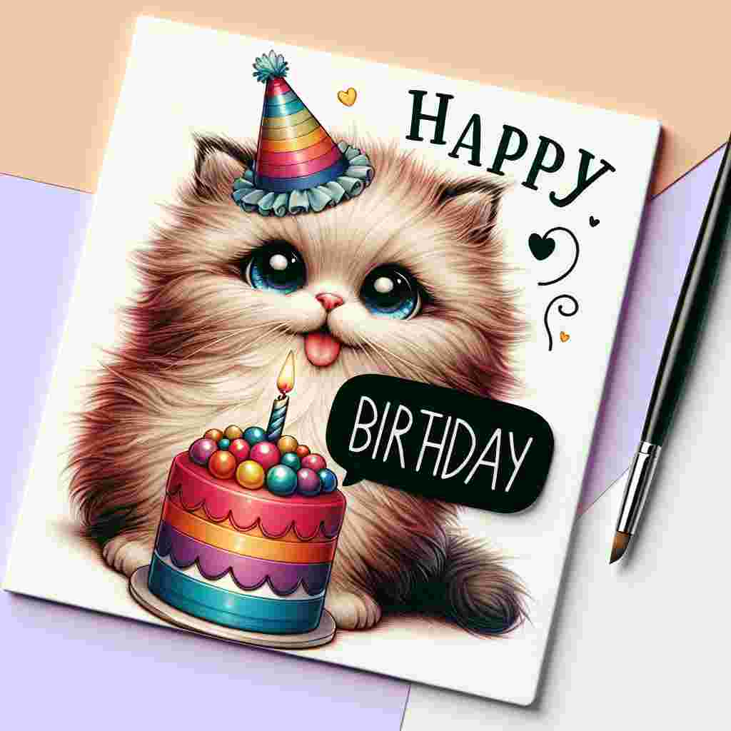 A charming illustration featuring a fluffy kitten wearing a party hat, playfully sticking its tongue out next to a colorful birthday cake with the words 'Happy Birthday' stylishly written above it, incorporating a small, sassy speech bubble with a cheeky message.
Generated with these themes: rude  .
Made with ❤️ by AI.